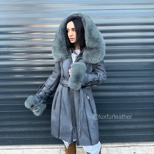 Women Sheepskin Shearling Coat with Fox Hood | Genuine Lambskin Leather, Full Fur Lined Winter Jacket for Women – Stylish and Cozy 26