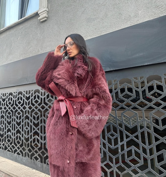 Burgund Luxus Warmer Mantel-Toscana Echtpelz- Damen Pelzmantel