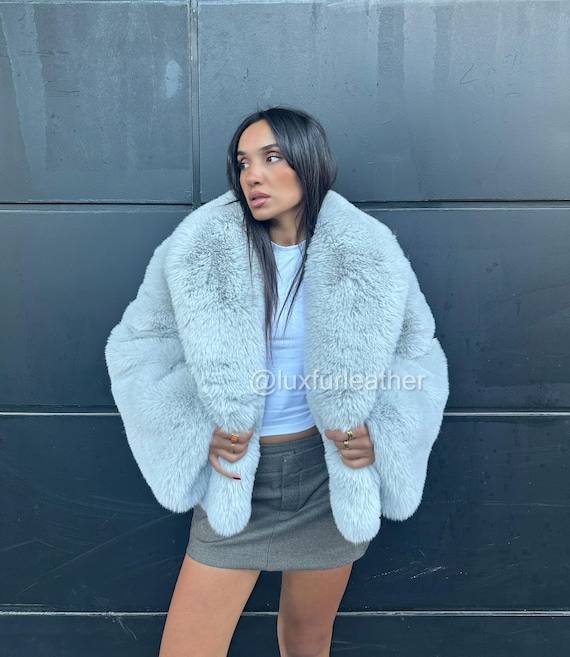 Ice Blue Faux Fur Jacket – Luxury Fluffy Cozy Woman Outerwear 95