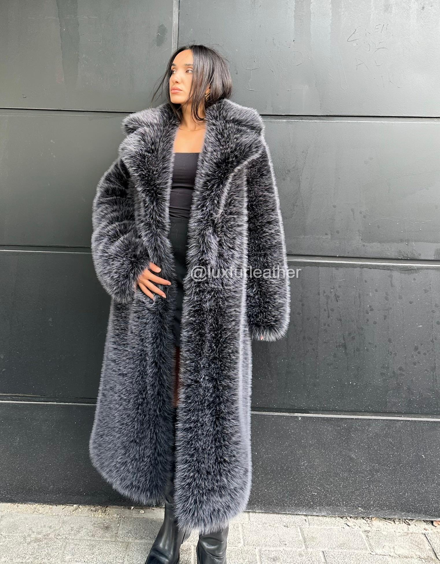 Dark Gray Faux Toscana Fur Jacket -luxury Full Skin Faux Warm Fur