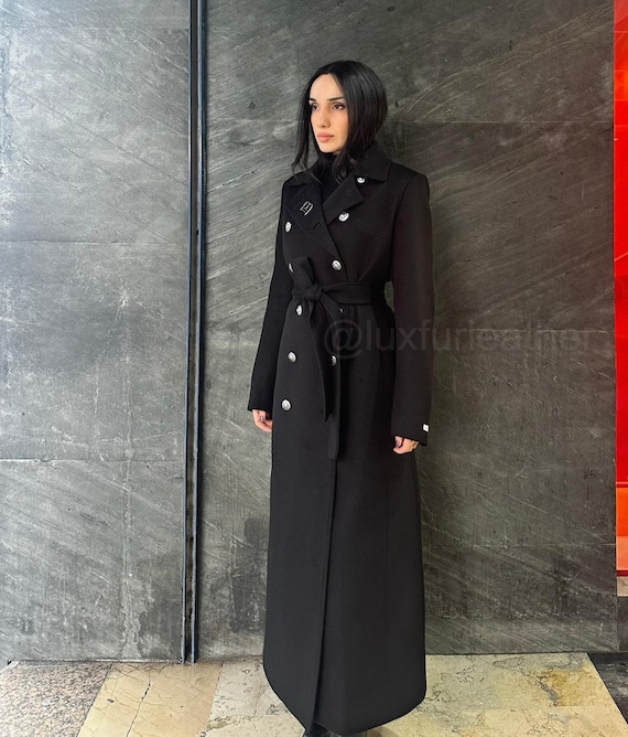 Black Military WOOL&Cashmere Coat with Button Women's 130 cm Long Caot for Women- Long Coat- Women's Fox Fur Coat- Women's Day 18