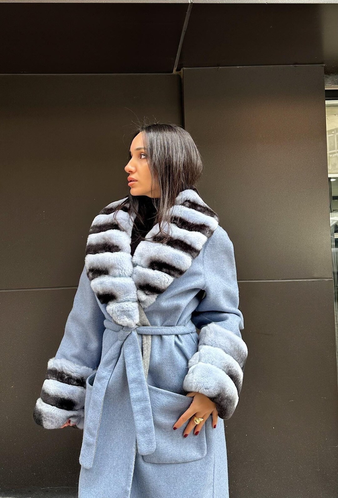 Short Alpaca Wool-Blend Coat with Rex Fur Collar