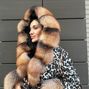 Women Bomber Puffer Fur Jacket- Frost Fox fur Hood-Animal Print Women Fox Fur Jacket- Microfiber Waterproof Jacket 17 image 5