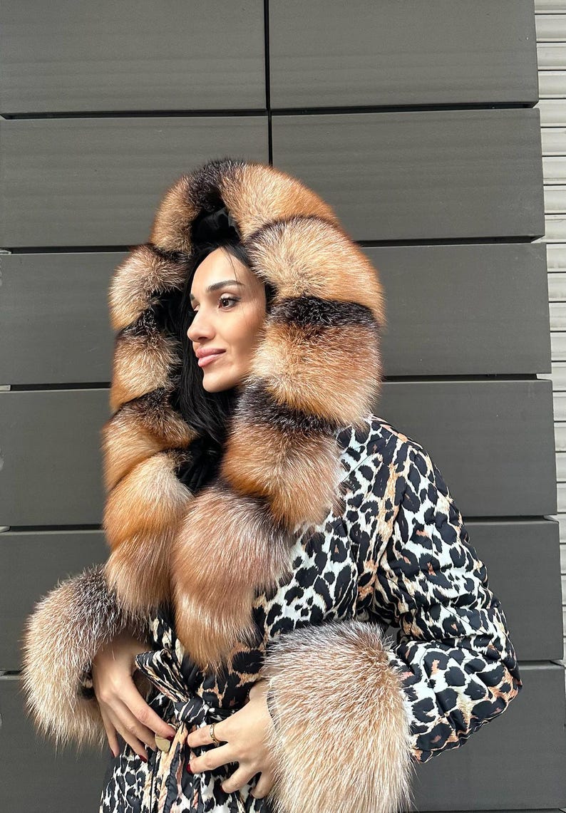Women Bomber Puffer Fur Jacket- Frost Fox fur Hood-Animal Print Women Fox Fur Jacket- Microfiber Waterproof Jacket 17 image 5