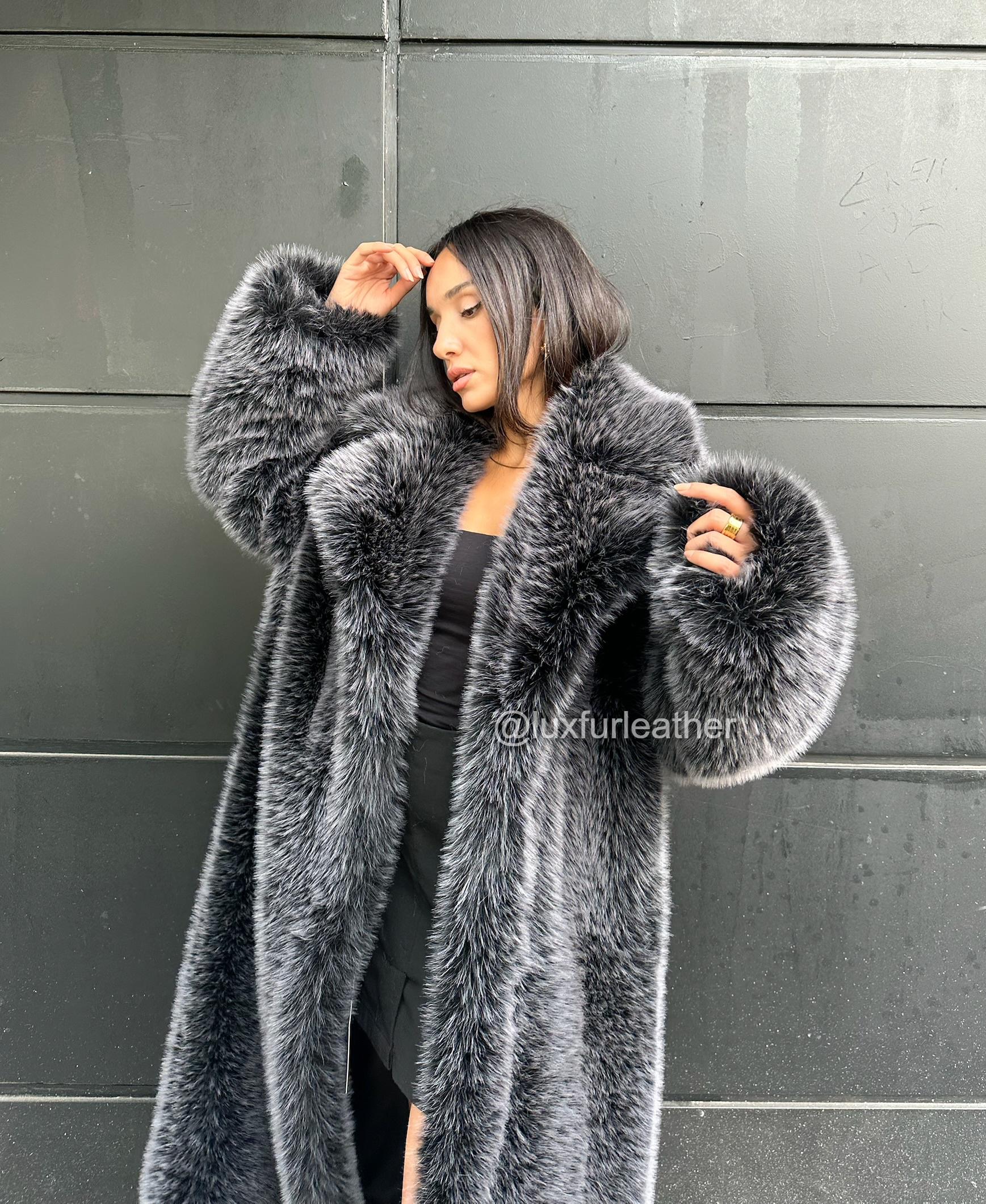 Dark Gray Faux Toscana Fur Jacket -luxury Full Skin Faux Warm Fur