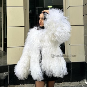 Snow White Real Tibetan Lamb Fur Coat, Women Coat Mongolian Curly Jacket, Shaggy Coat- Tibetan Fur Coat 25