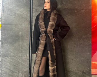 ZEBELINO Schwarz % 100 Schurwolle Mantel mit Langen Fuchs Pelz- Premium Lange Frauen Caot - Fuchs Langer Kragen. Fuchspelzmantel - Damenjacke - Pelzmantel 4
