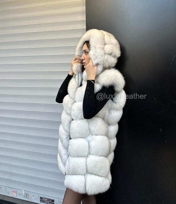 Echter Fuchspelz für Frauen WESTE-Kapuzenweste-Weiß Fuchs Pelz