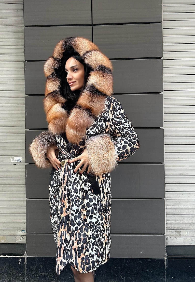 Women Bomber Puffer Fur Jacket- Frost Fox fur Hood-Animal Print Women Fox Fur Jacket- Microfiber Waterproof Jacket 17 image 1