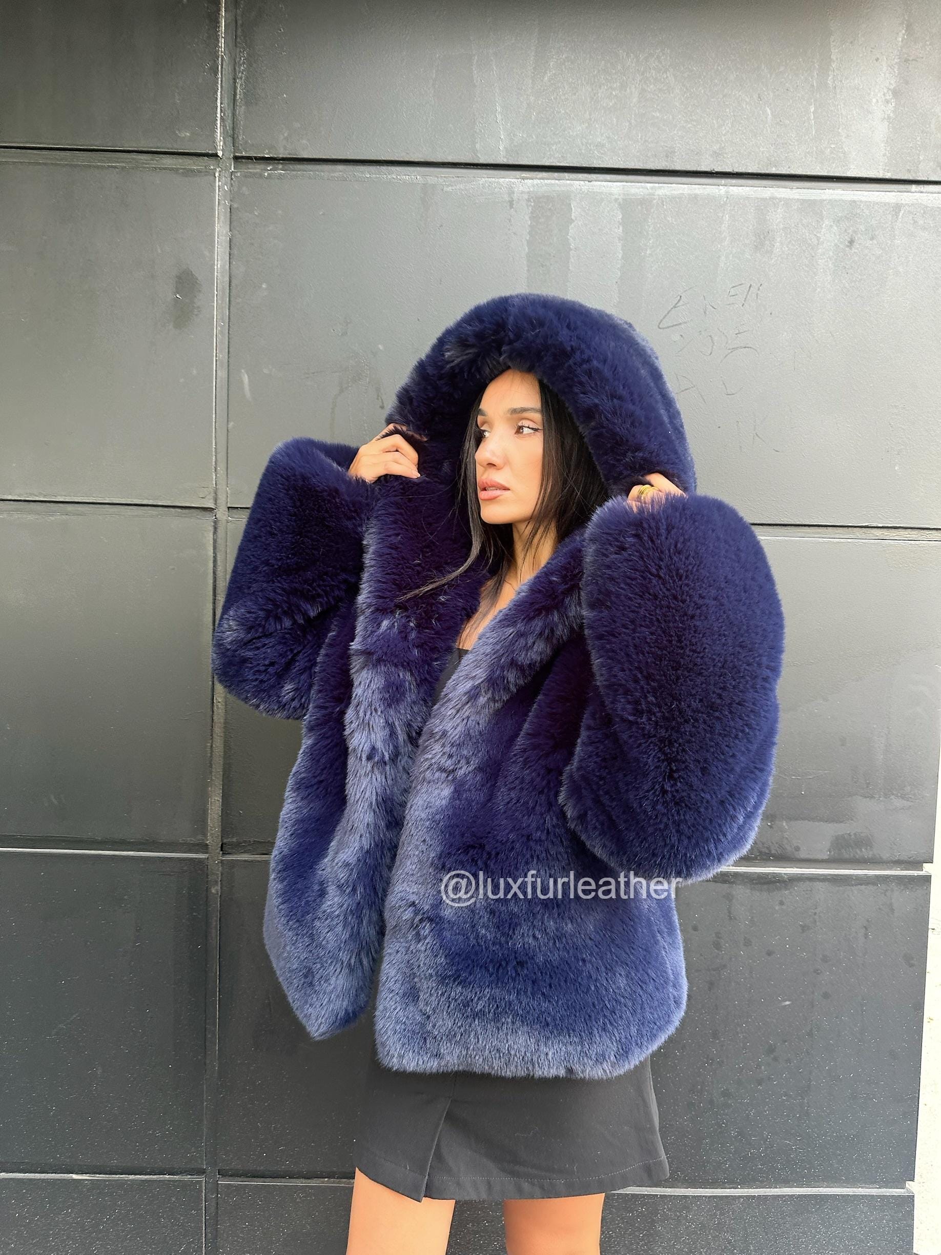 Navy Blue Fur Jacket - Etsy Canada