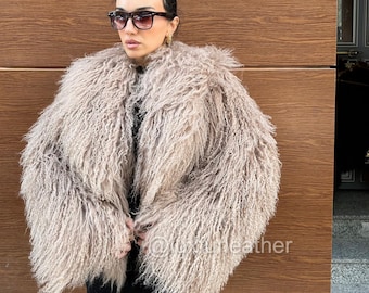 PREMIUM Beige Real Tibetan Lamb Fur Coat, Coat Mongolian Curly Jacket, Shaggy Coat- Tibetan Fur Coat 25