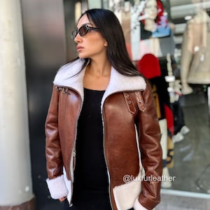 Brown Women Lambskin Shearling Jacket- Full Lamb Fur Lining- Warm Jacket- Lambfur Coat- Sheepskin Jacket- Women Sheepskin jacket- 18