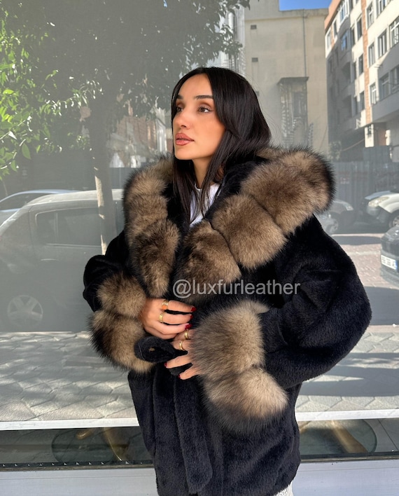 Alcantara Black Coat with Fox Fur Hood and Cuffs. Women Fur jacket- Women Fox fur jacket 15