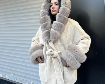 Beige Alcantara coat with fox fur hood and cuffs. Women Fur jacket- Women Fox fur jacket- Premium Fur jacket for women.15