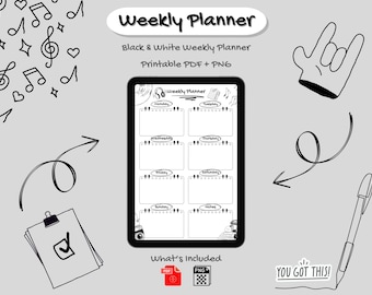 Black & White Weekly Planner, Printable, Digital Download (PDF+PNG)