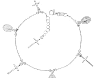 Italian Sterling Silver 7” Rosary Bead Charm Bracelet