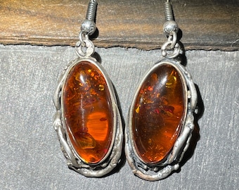 Vintage Baltic Amber Sterling Artisan Earrings