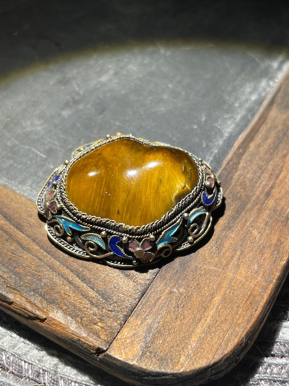 Mid Century Enamel Huge Tigers Eye Brooch Filigree