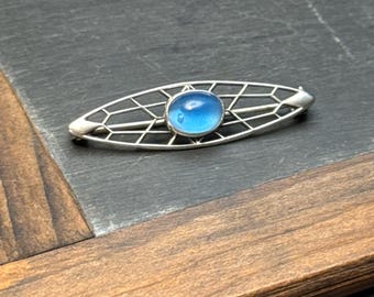 Art Deco Sterling Silver Brooch, Ethereal Blue Glass Cabochon, 1930s