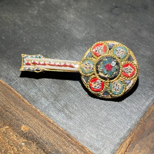 Mid Century Art Nouveau Style Italian Micro Mosaic Banjo Brass Brooch
