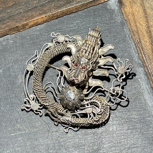 Art Deco Dragon with Ruby Glass Eyes .800 Spun Silver Brooch- RARE!
