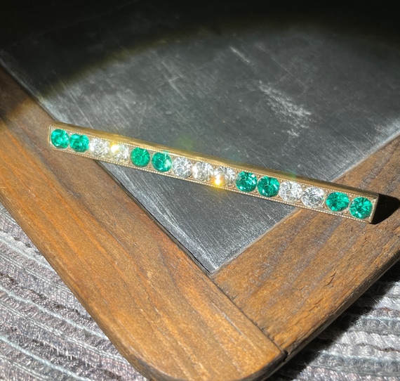 Art Deco Green & White Rhinestone Bronze Bar Pin - image 1