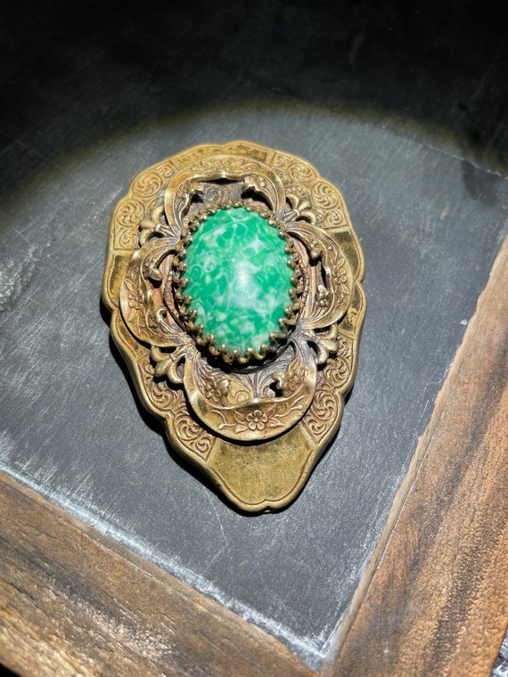 Edwardian Motted Green Glass Bronze Brooch - image 1