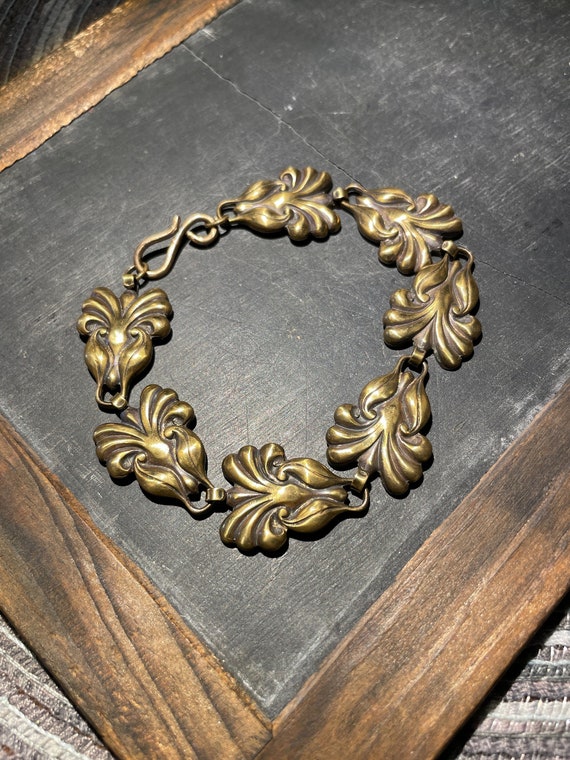 Art Nouveau Bronze Floral Panel Link Bracelet-