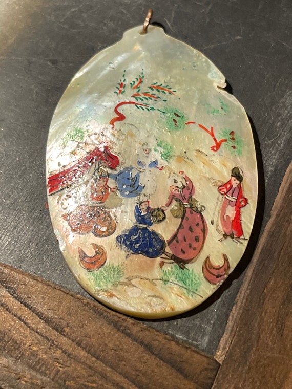 Mid Century Persian Hand Painted MOP Pendant - image 1