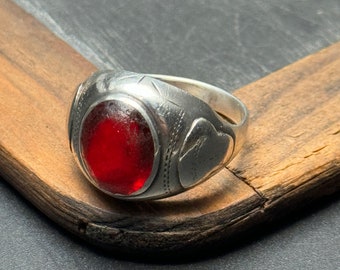 Art Deco Engraved Red Stone (Seaglass-like) 10k- Sterling Shabby Ethereal Signet Ring Size 8.5ish