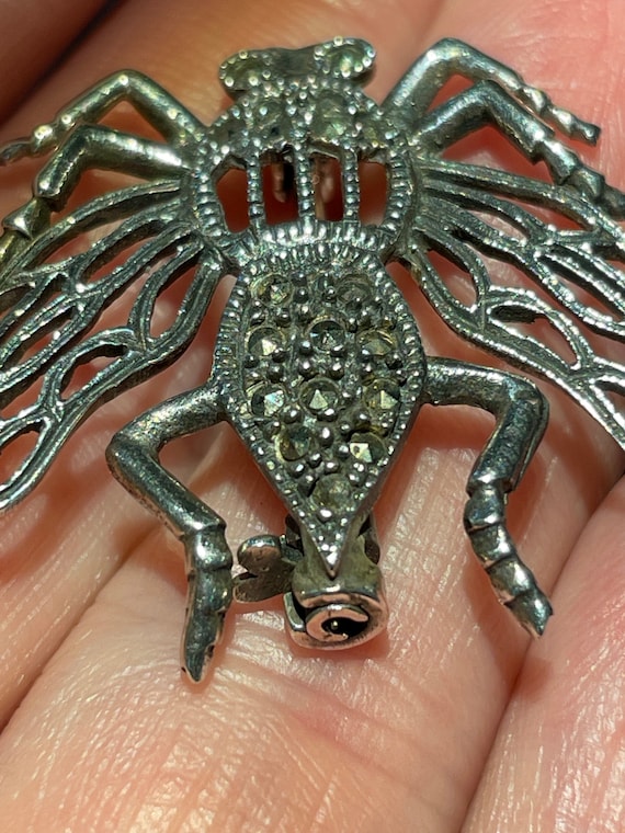 Art Deco Sterling & Marcasite Insect Brooch - image 7