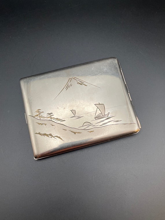 wwii cigarette case WWII Era Rendezvous Club Seoul Korea 1947 Silver Plated Cigarette Case  Beautiful Engraved Asian Landscape