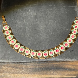 Mid Century Hand Painted Roses Brass & Enamel Bracelet
