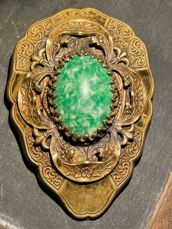 Edwardian Motted Green Glass Bronze Brooch - image 2