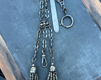 Georgian Cut Steel Chatelaine Clip, Beaded Tassels, 1770s Watch Holder