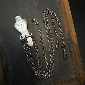 Victorian Spearhead Engraved .800 Silver Chatelaine w 3 Chains VERY long!