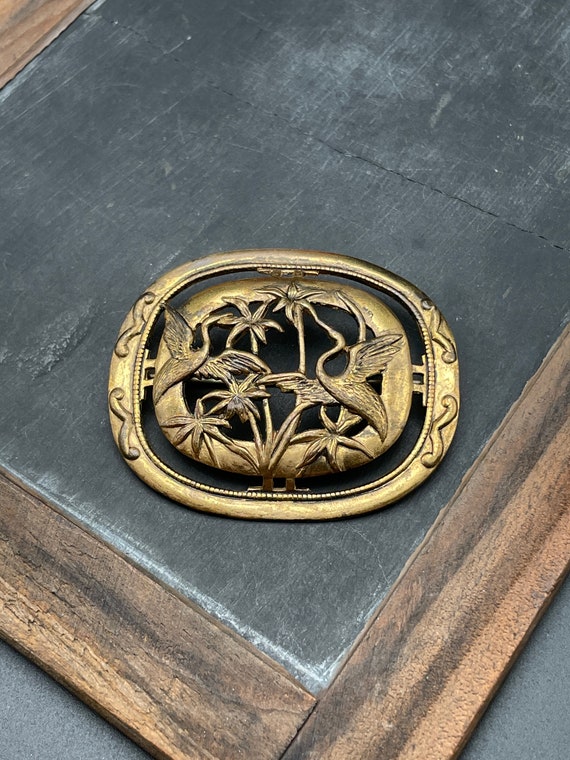 Mid Century Gilt Brooch: Tropical Birds & Palm Tree Design