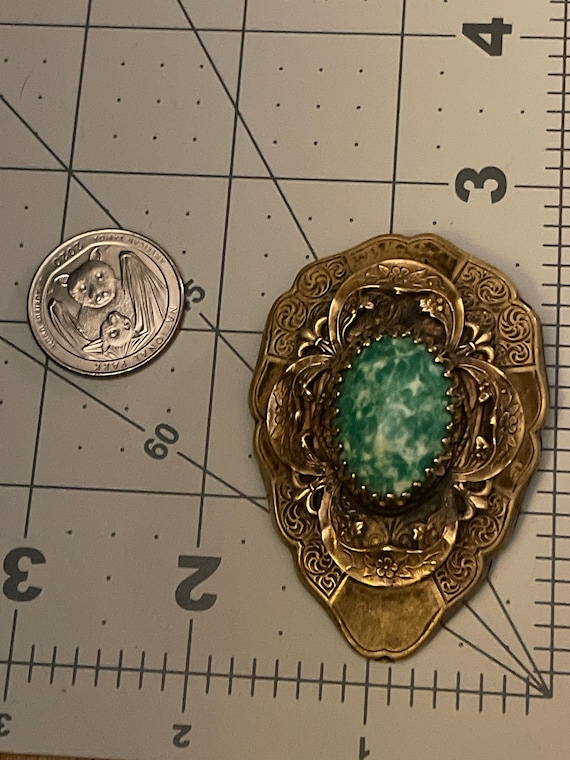 Edwardian Motted Green Glass Bronze Brooch - image 6