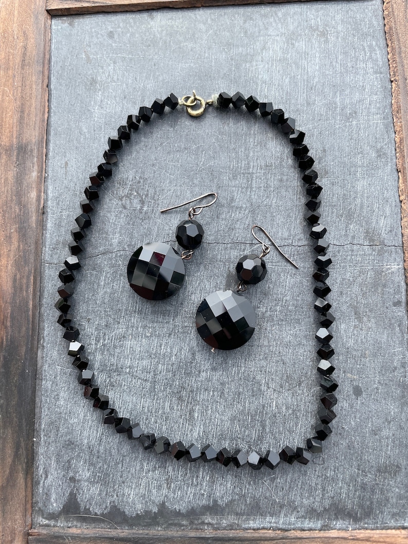 Victorian Mourning French Jet Choker and Drop Earrings Set image 1