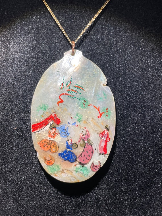 Mid Century Persian Hand Painted MOP Pendant - image 3