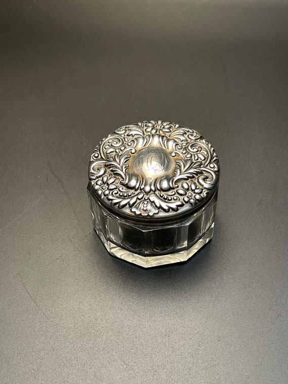Sterling Silver Repousse and Crystal Dresser Jar f