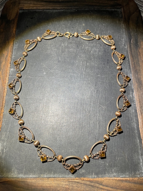 Art Deco Early Czech Citrine Glass & Bronze Choker