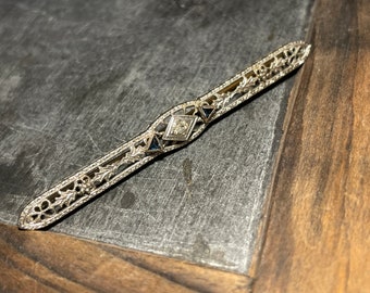 Art Deco Filigree Rhodium Plated and Paste Bar Pin-