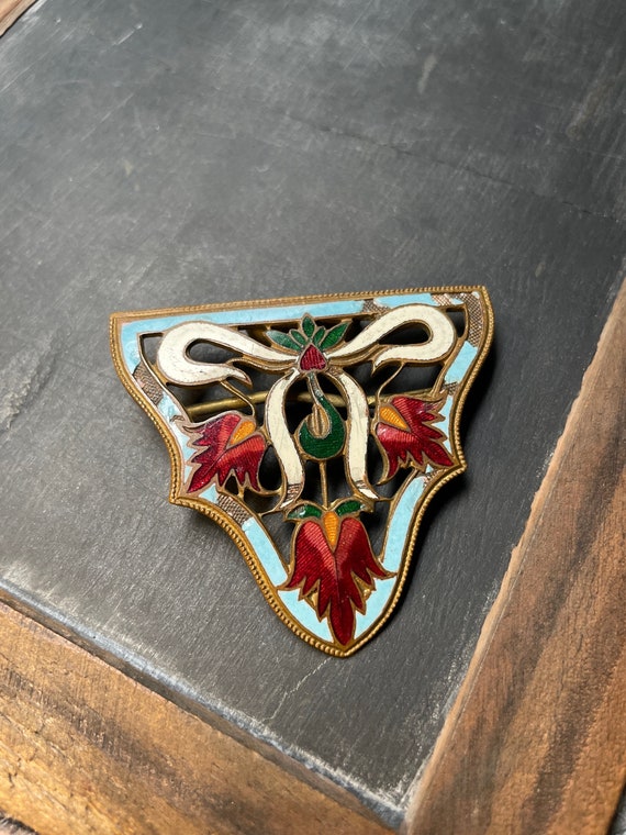 Art Nouveau Floral Bows Enameled Bronze Buckle