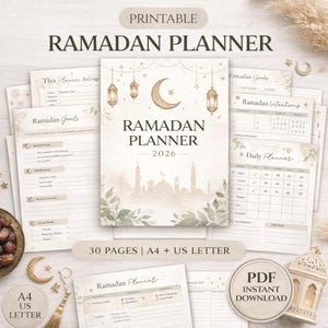 May include: A printable Ramadan Planner with a beige cover featuring a crescent moon, lanterns, and the text "RAMADAN PLANNER 2026." The planner includes pages for goals, intentions, and daily planning, with the text "30 PAGES | A4 + US LETTER" and "PDF INSTANT DOWNLOAD."