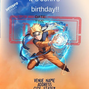 Downloadable Naruto Uzumaki Manga Anime Birthday Invitations
