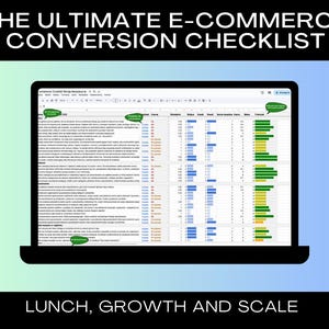 Peut inclure: Un écran d'ordinateur portable affichant une feuille de calcul intitulée "Ecommerce Checklist Merge Spreadsheet". La feuille de calcul contient des colonnes pour "Classement", "Métriques", "Pourquoi", "K-Rank", "Quelques métriques supplémentaires", "Remarques" et "Modifié". La feuille de calcul est divisée en sections intitulées "Lunch", "Croissance" et "Échelle".
