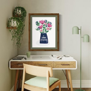 Pósteres de satén, estampado de flores rosas en jarrón azul, póster "Elijo la compasión", arte de pared, decoración del hogar, cita inspiradora, regalo para ella