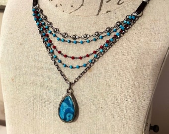 Turquoise and leather multi-strand necklace