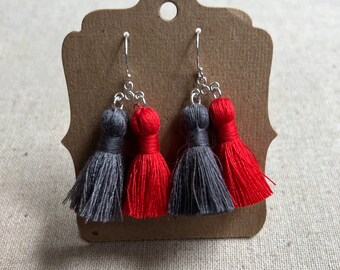 Scarlet and gray tassel earrings